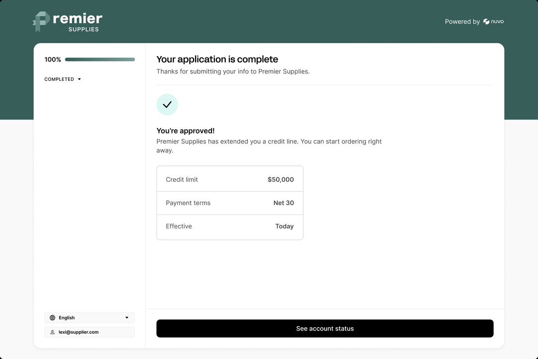 Credit application: instant approval with credit terms