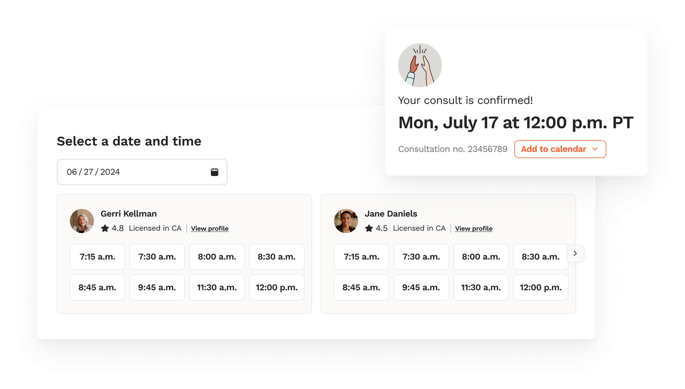 Scheduling modules for picking a consult time and a confirmation